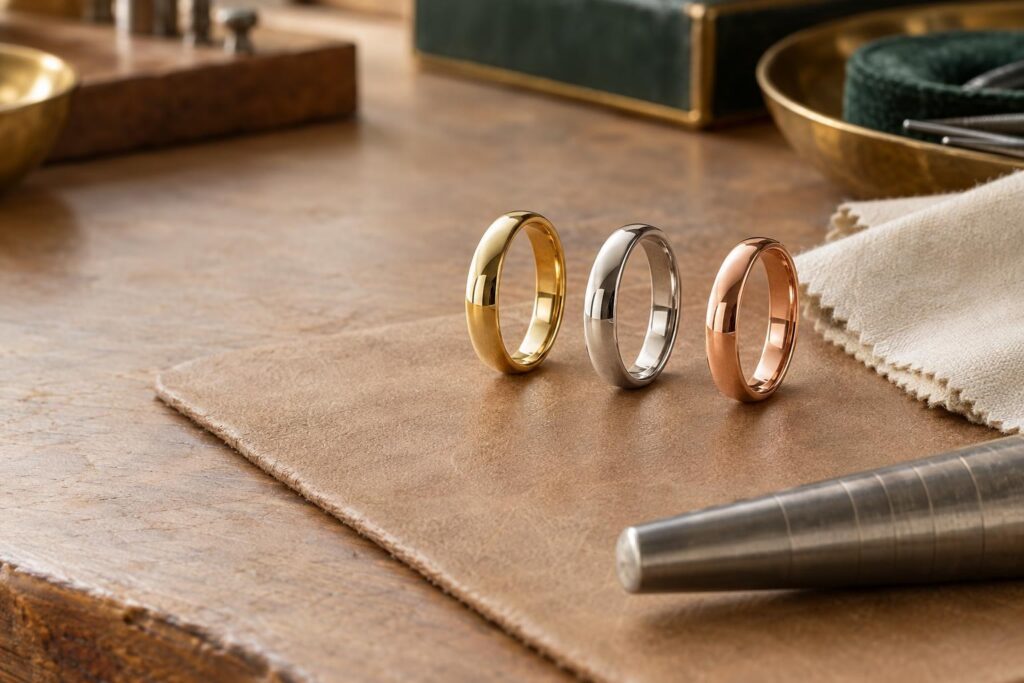 Yellow, white and rose gold ring bands on a leather bench mat beside a ring mandrel and polishing cloth