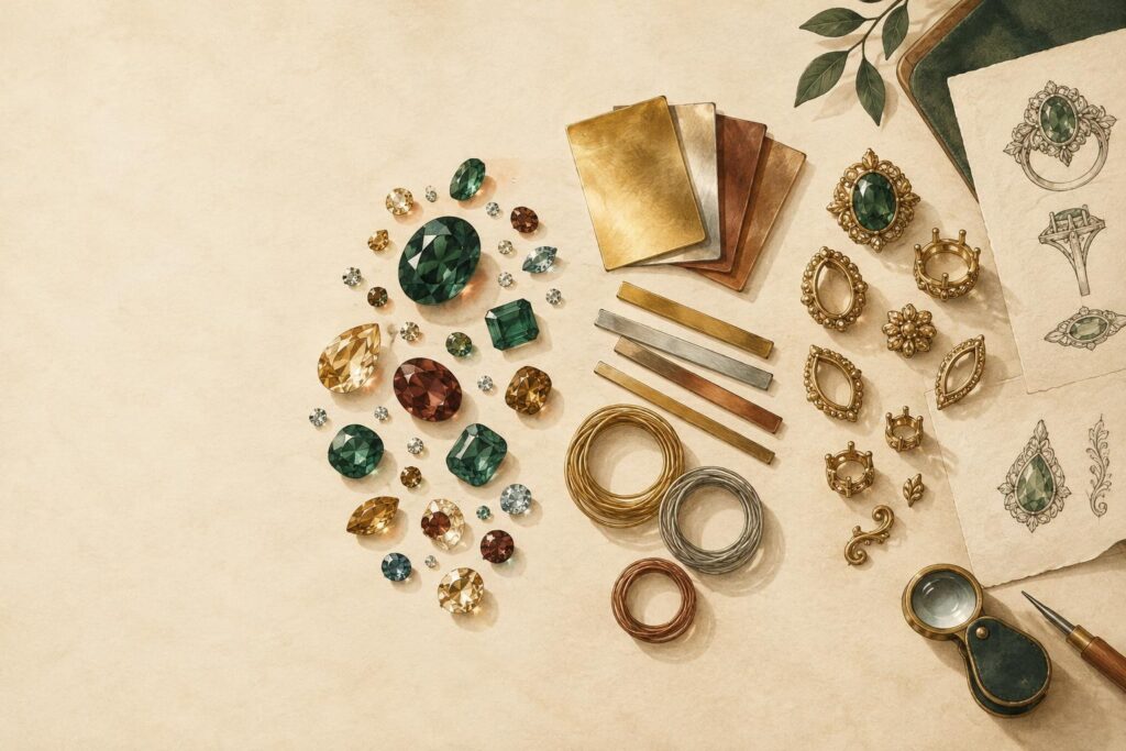 Jeweller's bench with loose gemstones, metal swatches, and ornate setting components arranged in three material zones