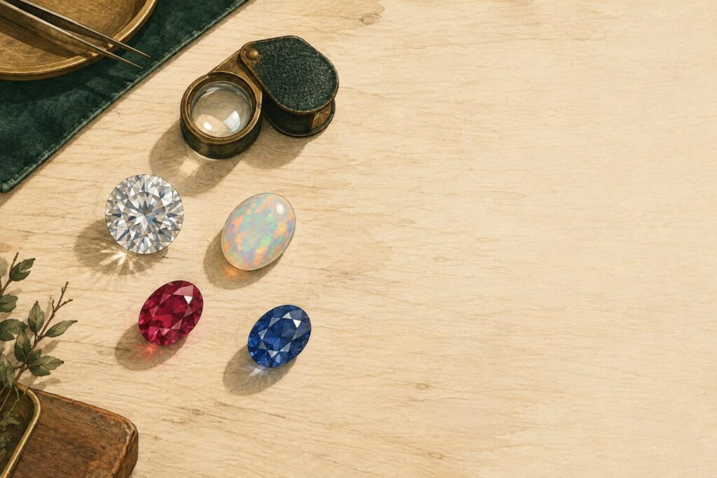 Loose gemstones including diamond, ruby and sapphire arranged on a jeweller's workbench with a loupe nearby.