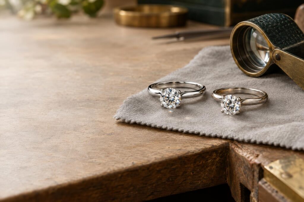Two white gold rings, one bright rhodium-plated and one with worn plating showing a warmer tint