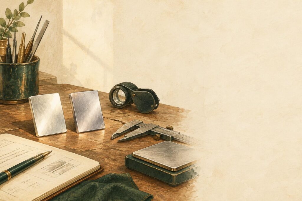 Polished white gold and platinum metal samples on a jeweller's workbench with tools and a notebook.