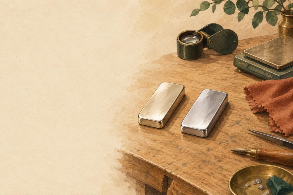 Two polished metal samples—white gold and platinum—on a jeweller's workbench with tools and soft lighting showing their colour and finish di