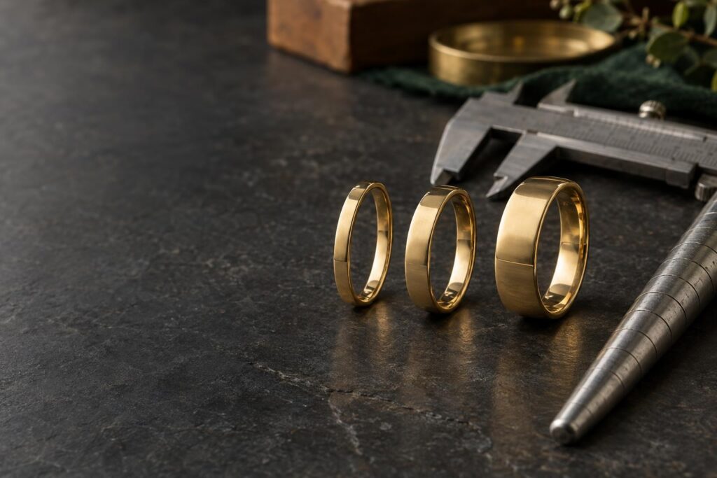 Three gold wedding bands of narrow, medium and wide width beside a ring mandrel on a slate bench
