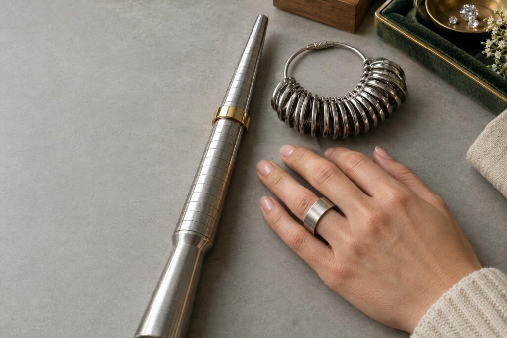 Finger gauge on a ring finger beside a ring mandrel holding a wide gold band