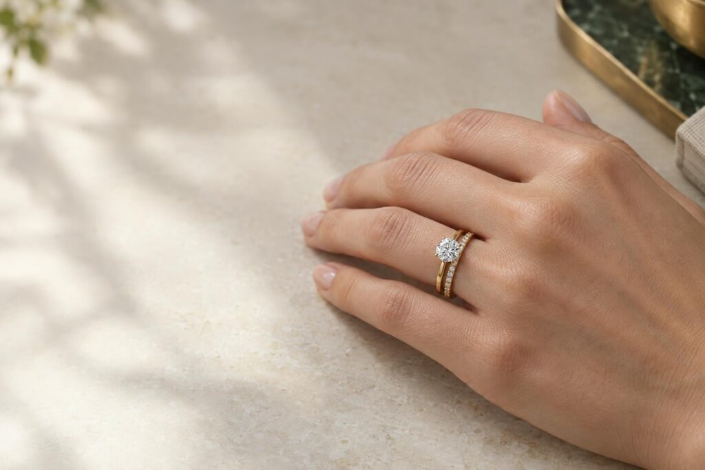 Hand wearing a thin micro-pavé band beside a round diamond solitaire engagement ring