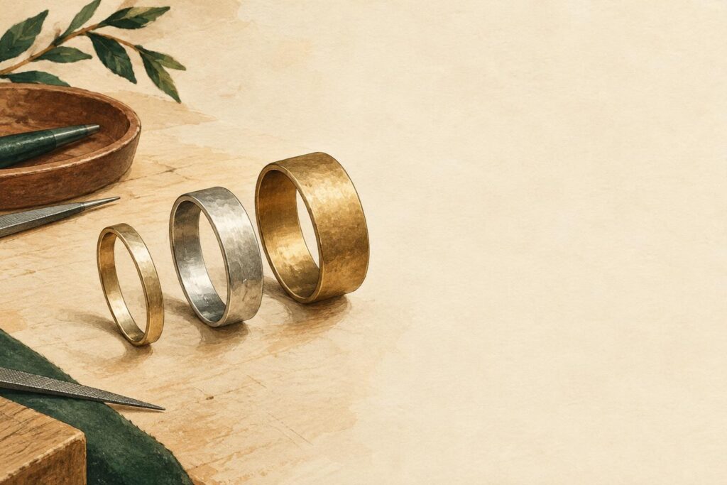 Three metal wedding bands of different widths arranged on a jeweller's bench, showing narrow, medium and wide profiles.