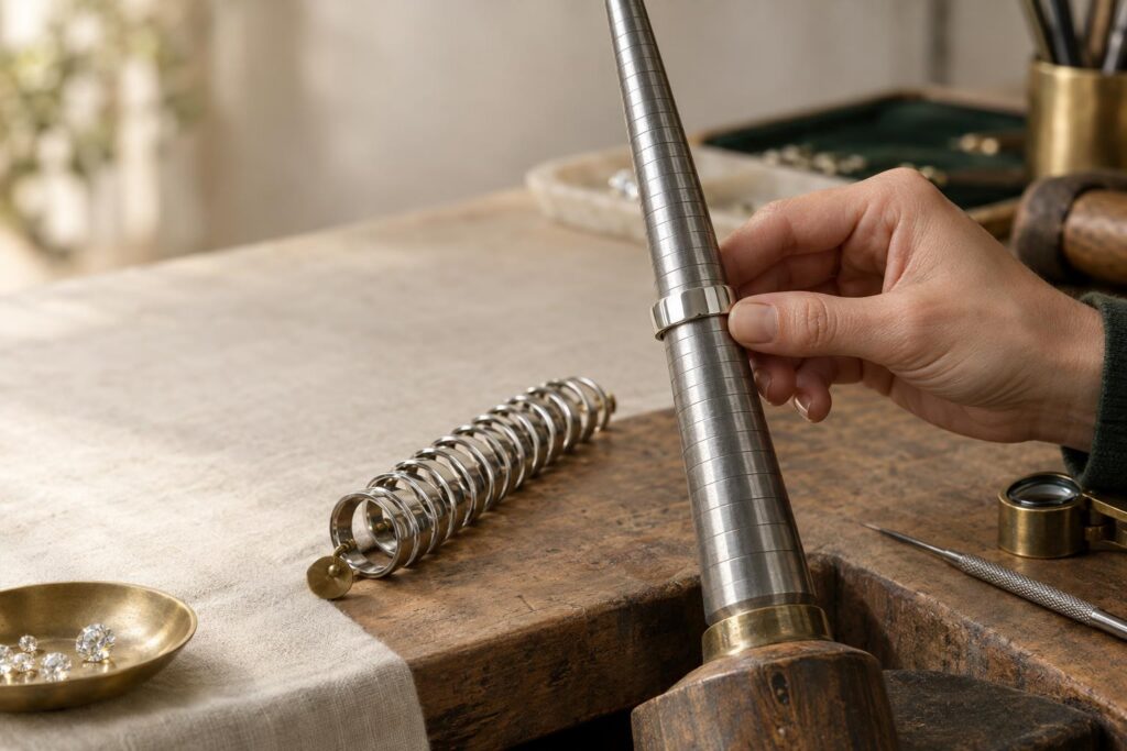 Jeweller sliding a wide band down a ring mandrel next to a graduated set of sizing rings