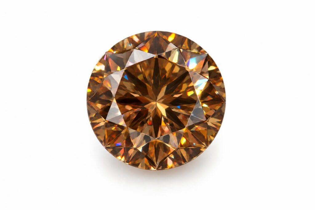 Loose brilliant-cut brown zircon on white, showing warm colour and bright facet flashes